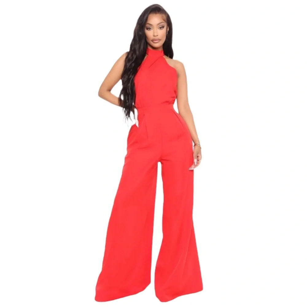 Fashion Nova Red Angelic Halter Wide Leg Pants Jumpsuit Women's Size XS - Picture 1 of 13